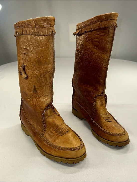 Unknown Other - Vintage 70s Crocodile Embossed Leather Mukluk Boots Fringe Tassel Romania 8.5 9